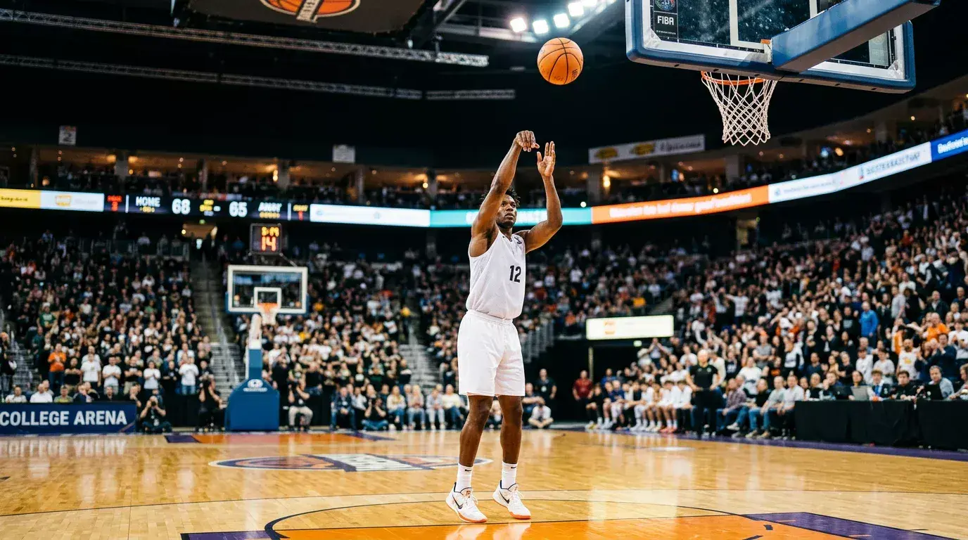 Basketball player shooting a free throw in a brightly lit indoor arena