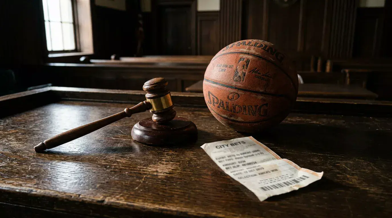 Courtroom gavel alongside a basketball and betting slip symbolising integrity issues in basketball betting