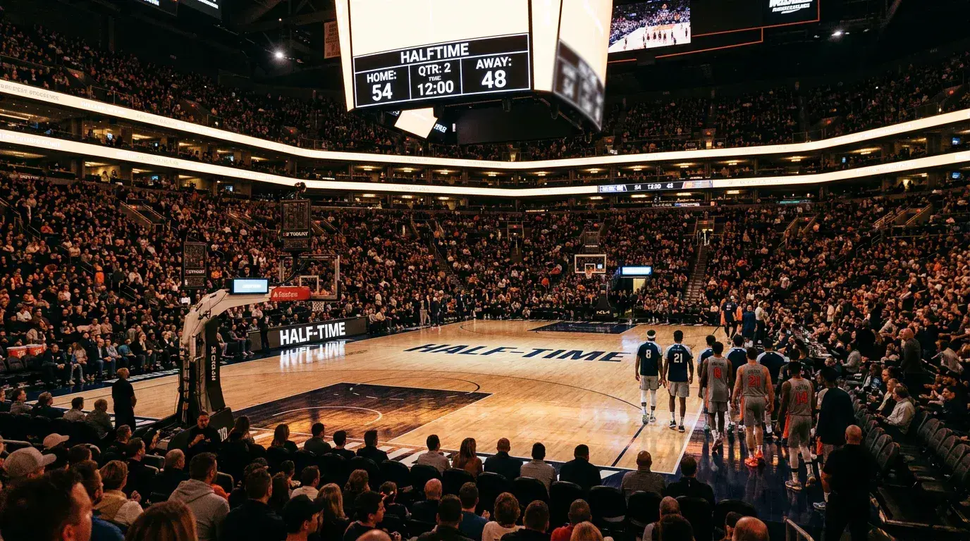 Basketball game during the first half with a digital handicap line overlay on the scoreboard