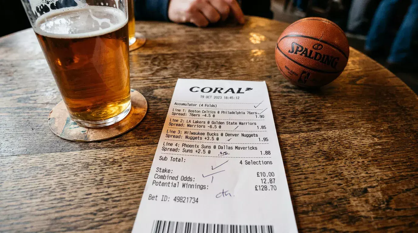 Betting slip showing a four-leg basketball handicap accumulator with spread lines and combined odds