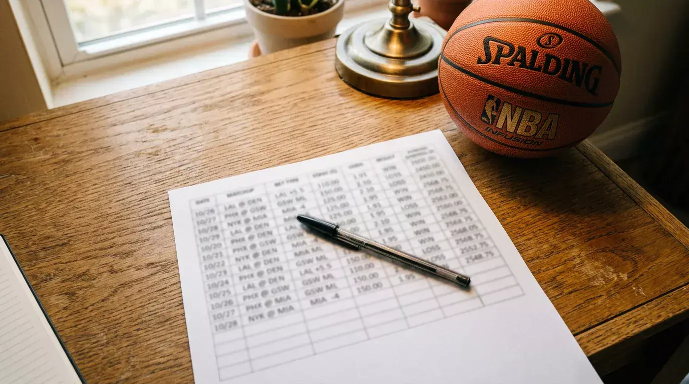 Spreadsheet showing basketball handicap betting bankroll tracking with staking calculations