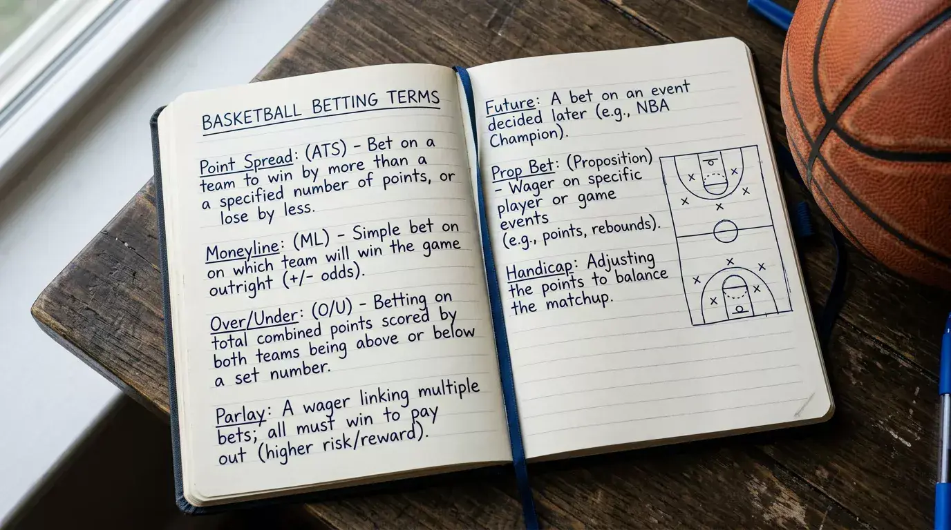 Open notebook with basketball handicap betting terminology and definitions alongside a basketball court diagram