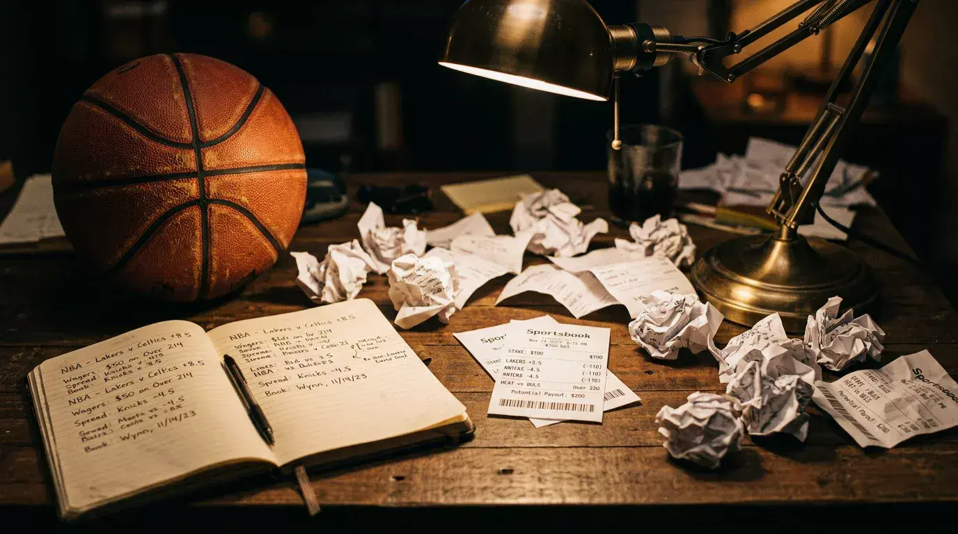 Crumpled betting slips on a desk with a basketball and notebook showing common handicap betting errors