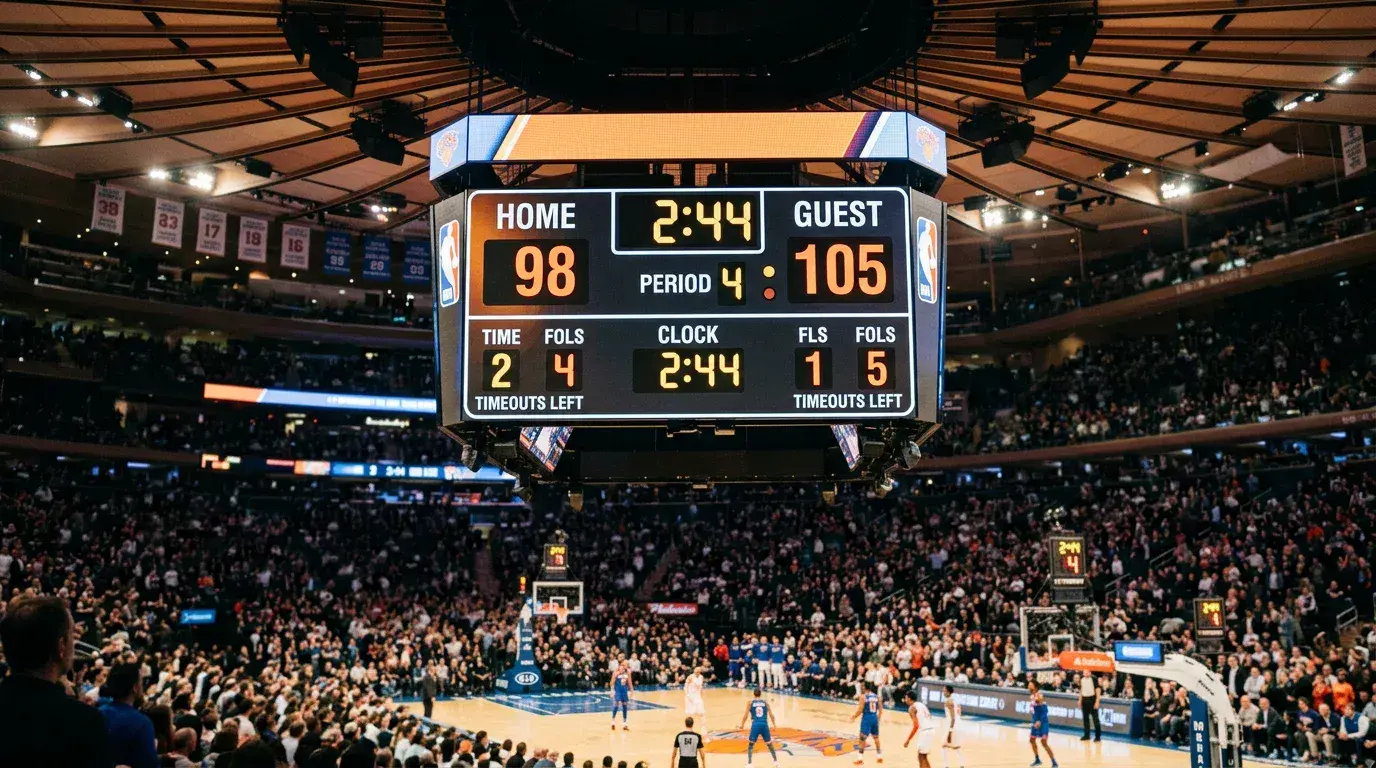Basketball scoreboard displaying a point spread handicap line during an NBA game