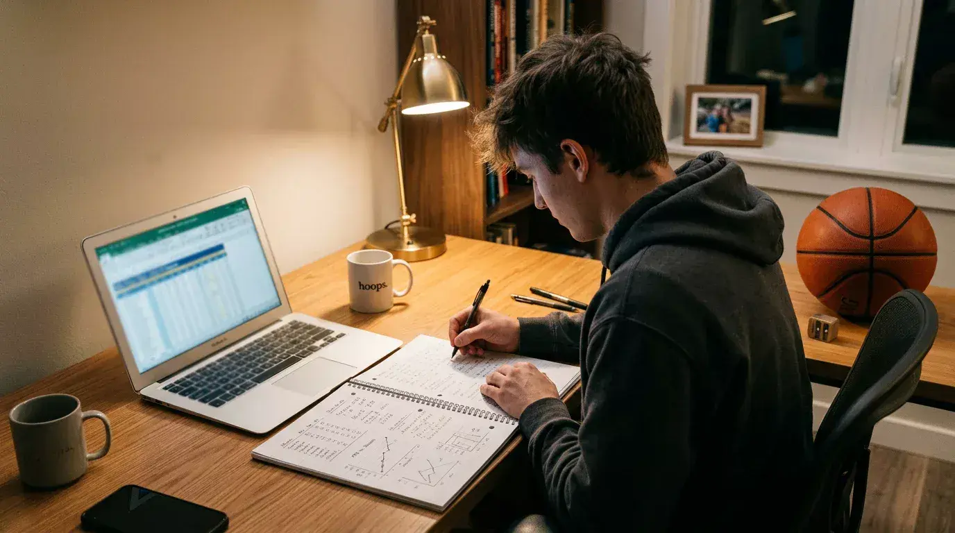 Person studying basketball statistics and spread data on a notebook with a laptop nearby