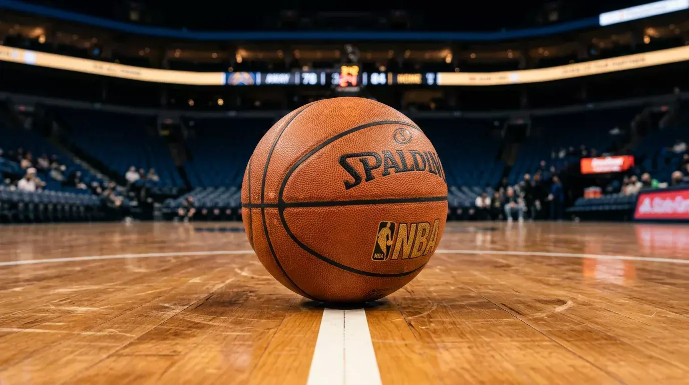 Close-up of a basketball on a hardwood court with arena lights and a scoreboard in the background
