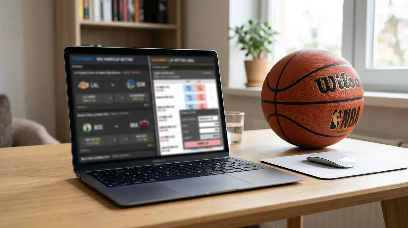 Laptop screen displaying a basketball handicap market alongside a betting exchange lay interface