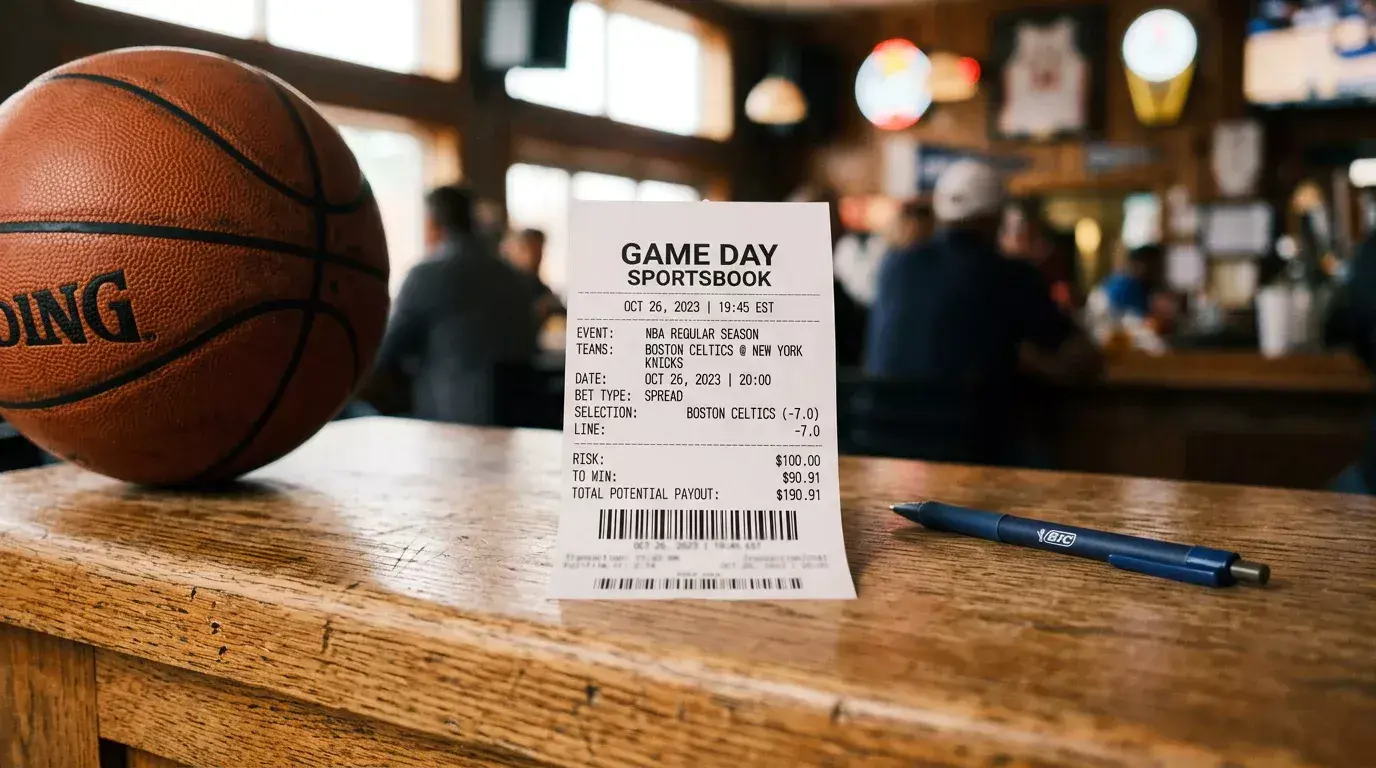 Close-up of a betting slip showing a basketball handicap result landing exactly on the spread number