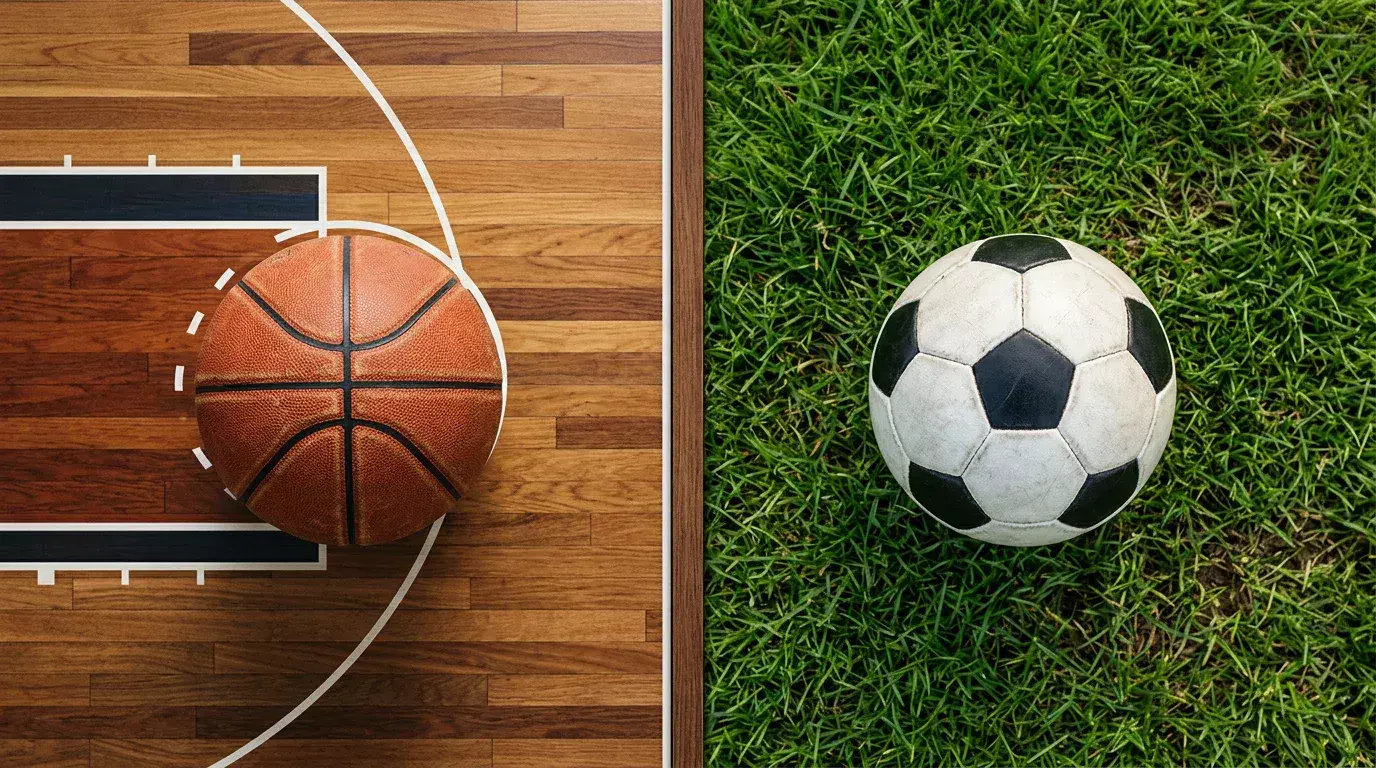 Split screen comparing a basketball court and football pitch with handicap line overlays on each