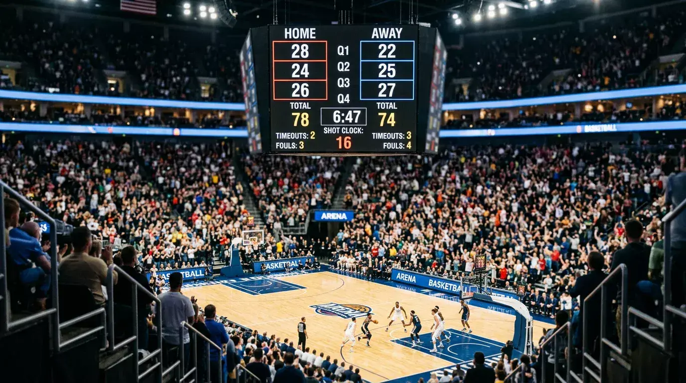 Basketball scoreboard broken into four quarter segments with handicap lines displayed for each period