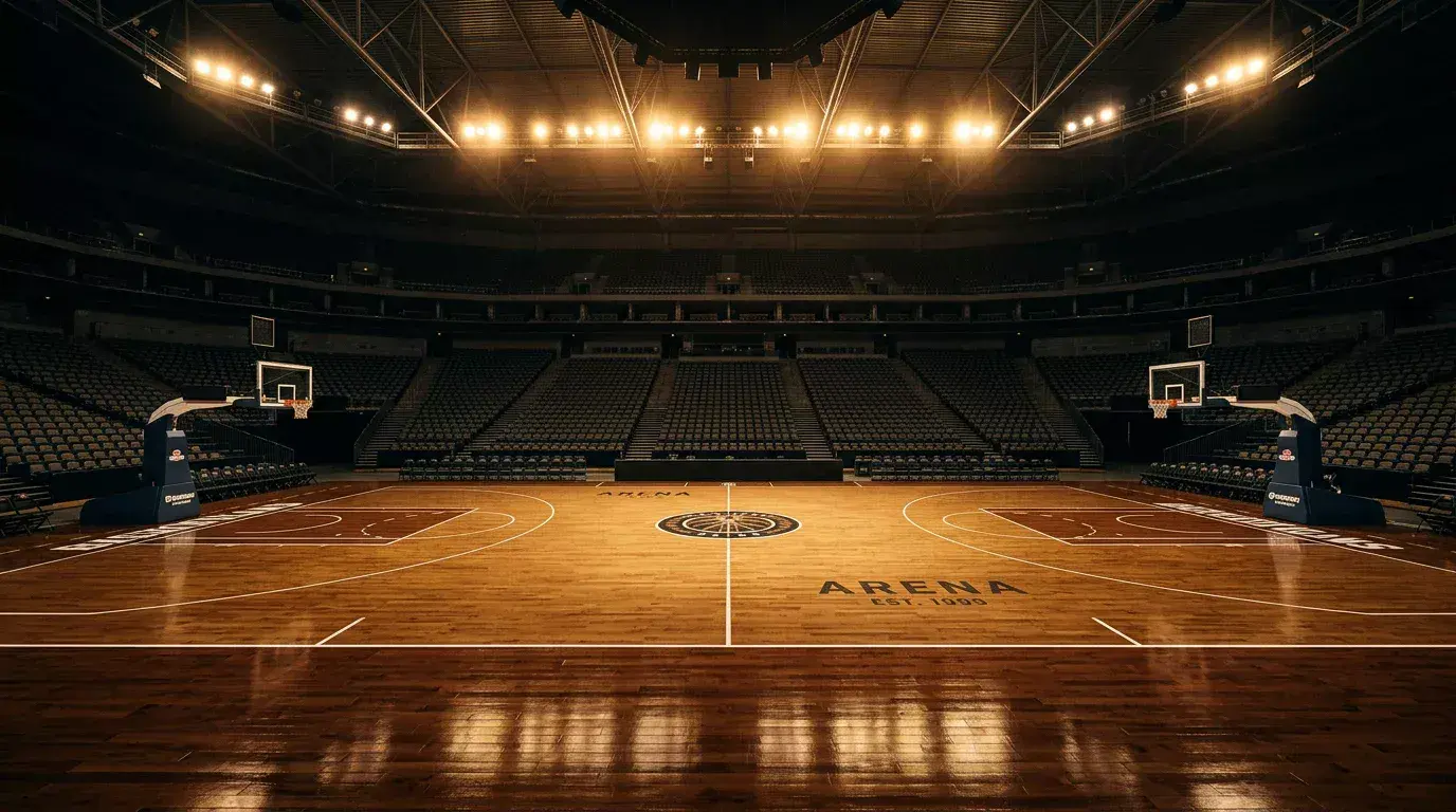 Empty basketball court with polished hardwood floor and dramatic overhead lighting