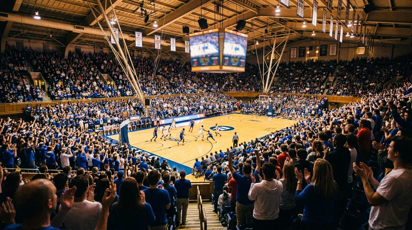 College basketball arena during March Madness with a handicap spread line graphic overlay