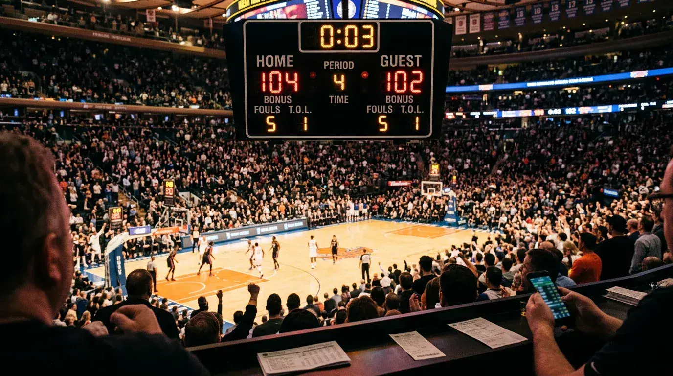 Basketball scoreboard with a point spread overlay showing a team covering the handicap line
