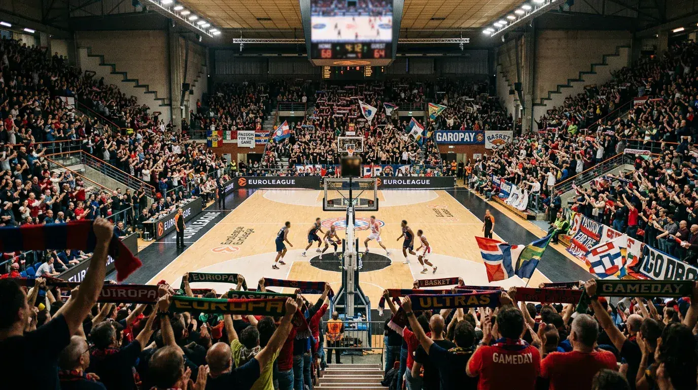 European basketball arena during a EuroLeague game with a handicap spread line displayed on the scoreboard