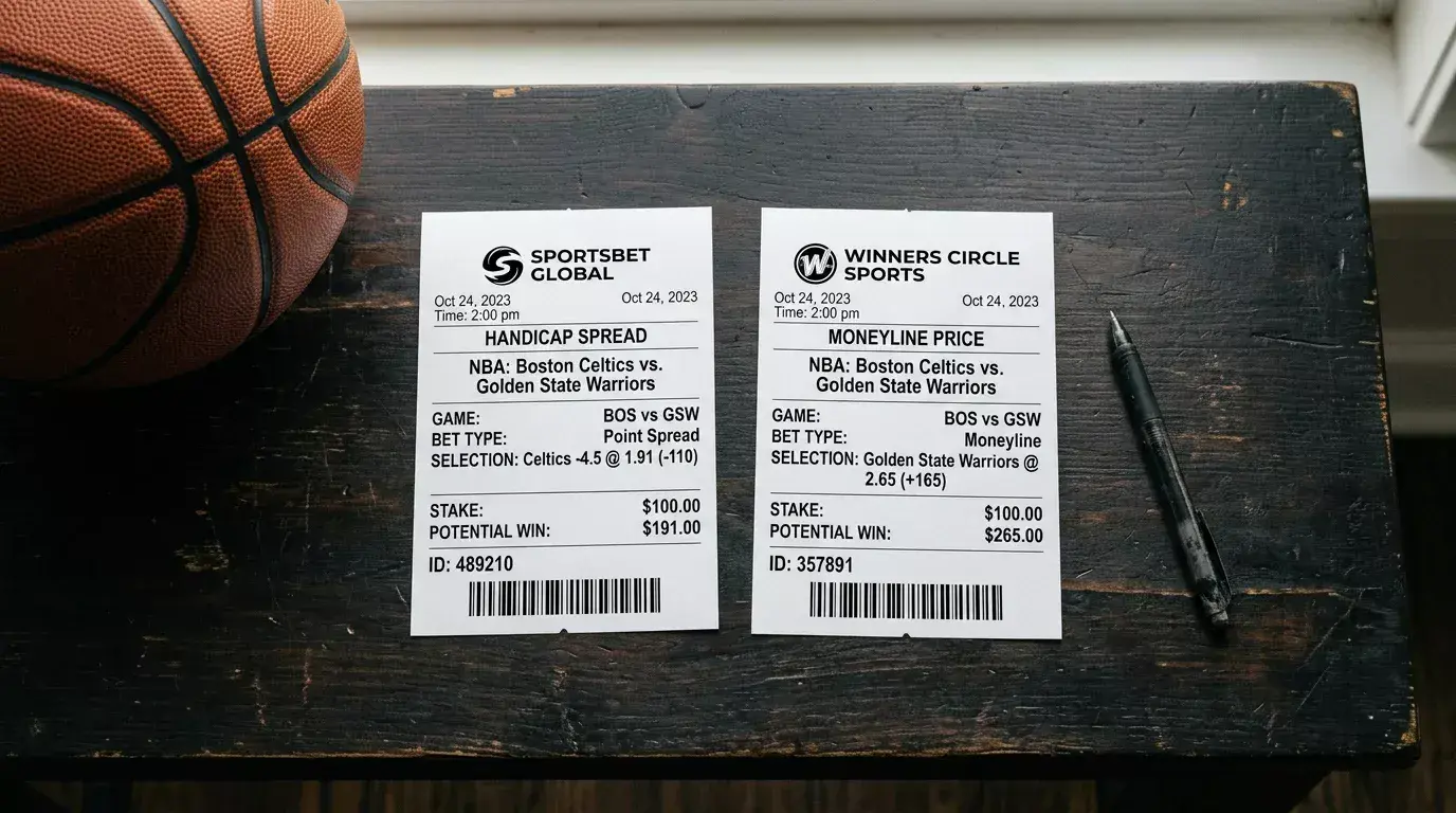 Split-screen comparison of a basketball handicap bet slip and a moneyline bet slip