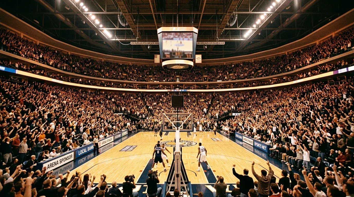 Packed basketball arena with a home team on the court and a point spread graphic overlay