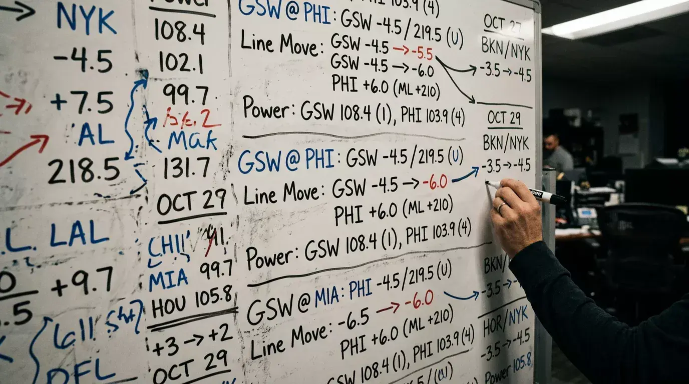 Behind-the-scenes view of basketball odds compilation with power ratings and line movement charts