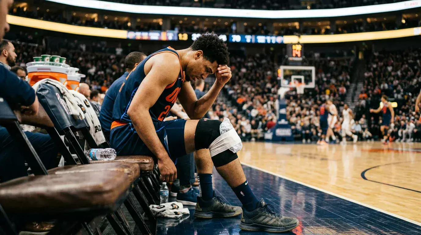 Basketball player on the bench with an injury, alongside a shifting point spread line graphic