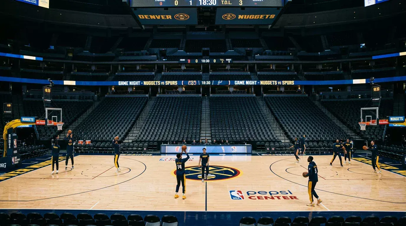 Empty NBA arena with bench players warming up before a late-season game under arena lights