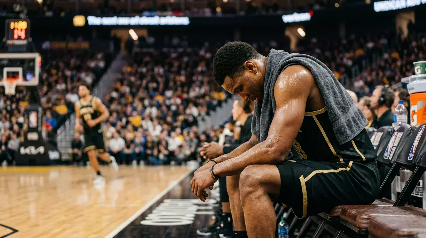 Tired basketball player resting on the bench during an NBA game with a towel over his shoulders