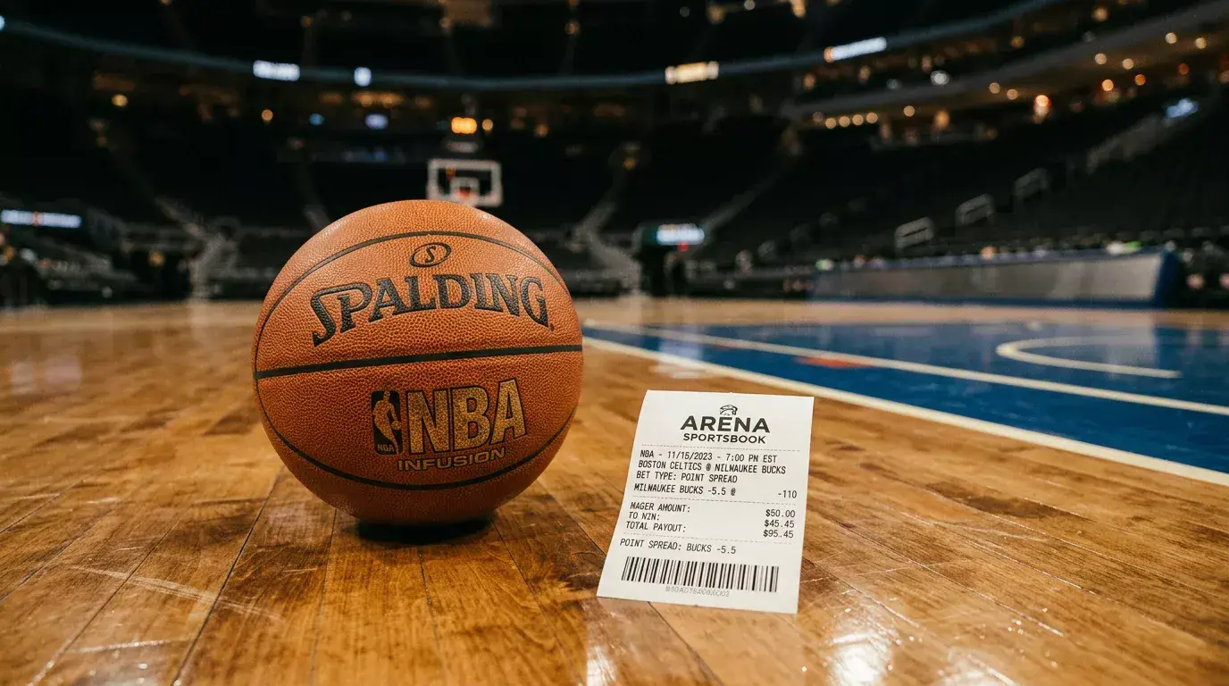 Basketball court with a scoreboard showing a point spread line, illustrating NBA handicap betting for beginners