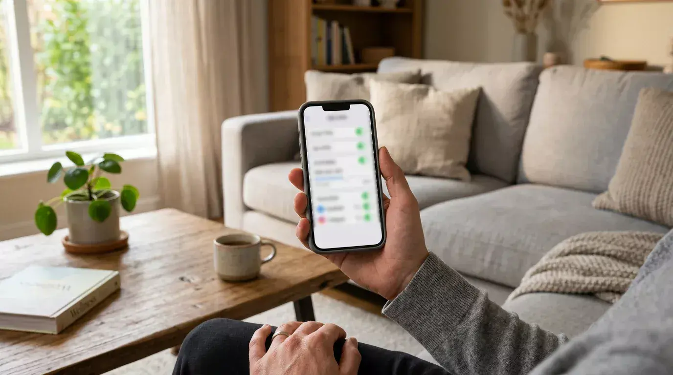 Person setting deposit limits on a mobile phone betting app while sitting at a calm desk