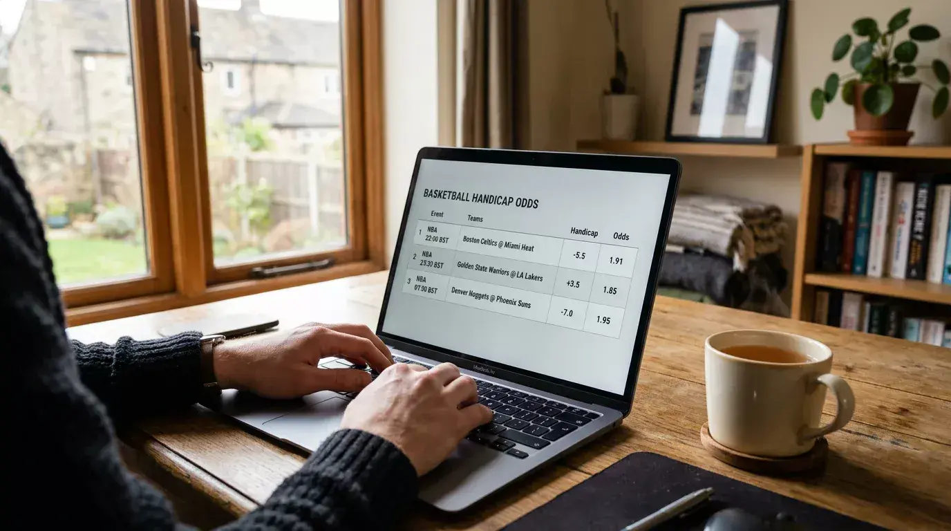 Laptop screen showing basketball handicap odds at a UK online bookmaker