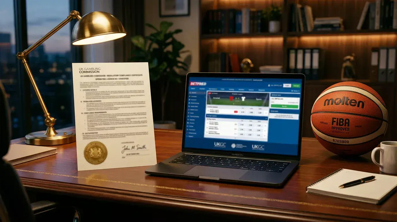 Official regulatory document on a desk beside a basketball and a laptop showing a licensed UK bookmaker interface